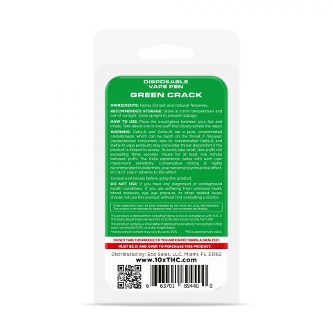 Green Crack Vape Pen - Delta 10 THC - Disposable - 10X - 700mg - Thumbnail 3