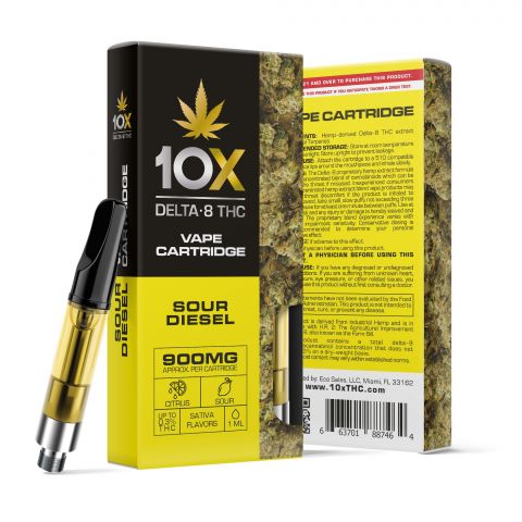 900mg D8 Vape Cart - Sour Diesel - Sativa - 1ml - 10X - Thumbnail 1