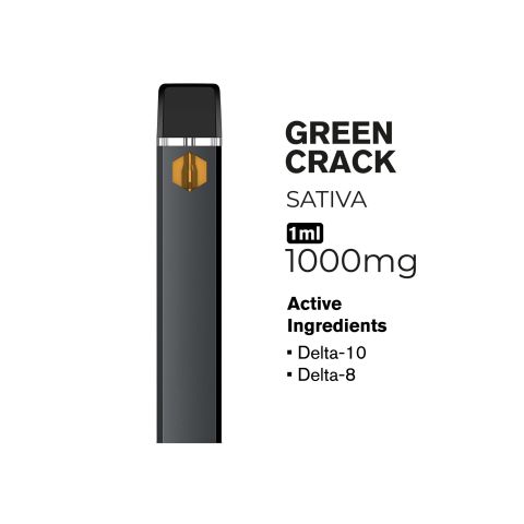 1000mg D10, D8 Vape Pen - Green Crack - Sativa - 1ml - Hyper - Thumbnail 2