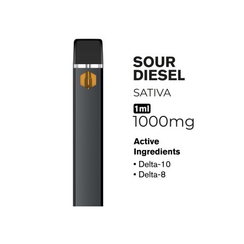 1000mg D10, D8 Vape Pen - Sour Diesel - Sativa - 1ml - Hyper - Thumbnail 2