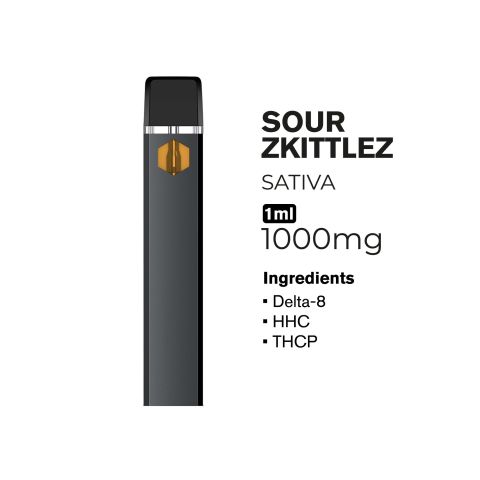 1000mg THCP, D8, HHC Vape Pen - Sour Skittlez - Sativa - 1ml - Fresh - Thumbnail 4