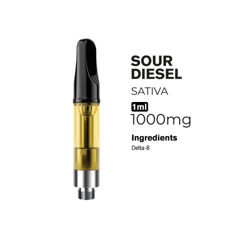 1000mg D8 Vape Cart - Sour Diesel - Sativa - 1ml - 10X - Thumbnail 2