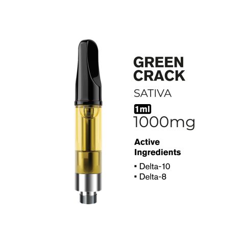 1000mg D10, D8 Vape Cart - Green Crack - Sativa - 1ml - Hyper - Thumbnail 2