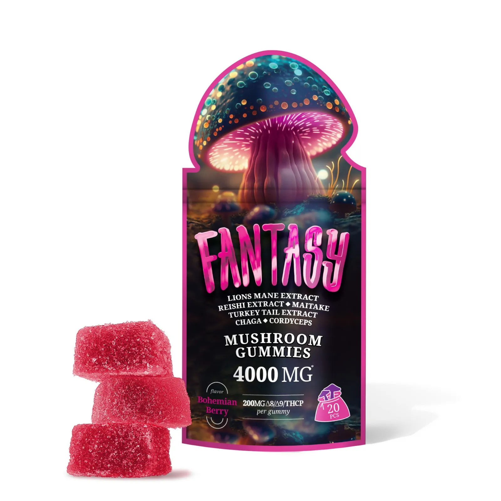 200mg D8, D9, THCP, Mushroom Blend Gummies - Bohemian Berry - Fantasy