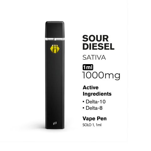 1000mg D10, D8 Vape Pen - Sour Diesel - Sativa - 1ml - Hyper - Thumbnail 3