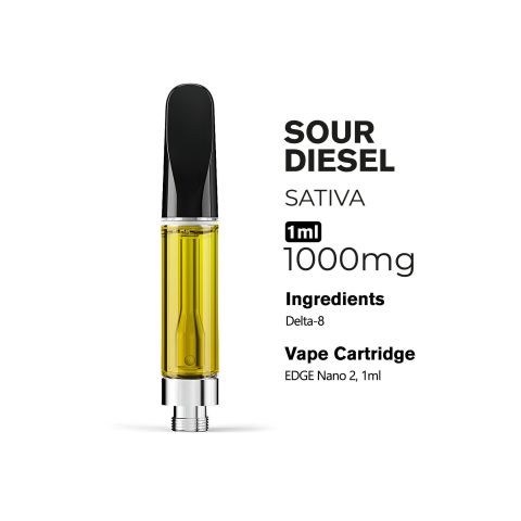 1000mg D8 Vape Cart - Sour Diesel - Sativa - 1ml - 10X - Thumbnail 3